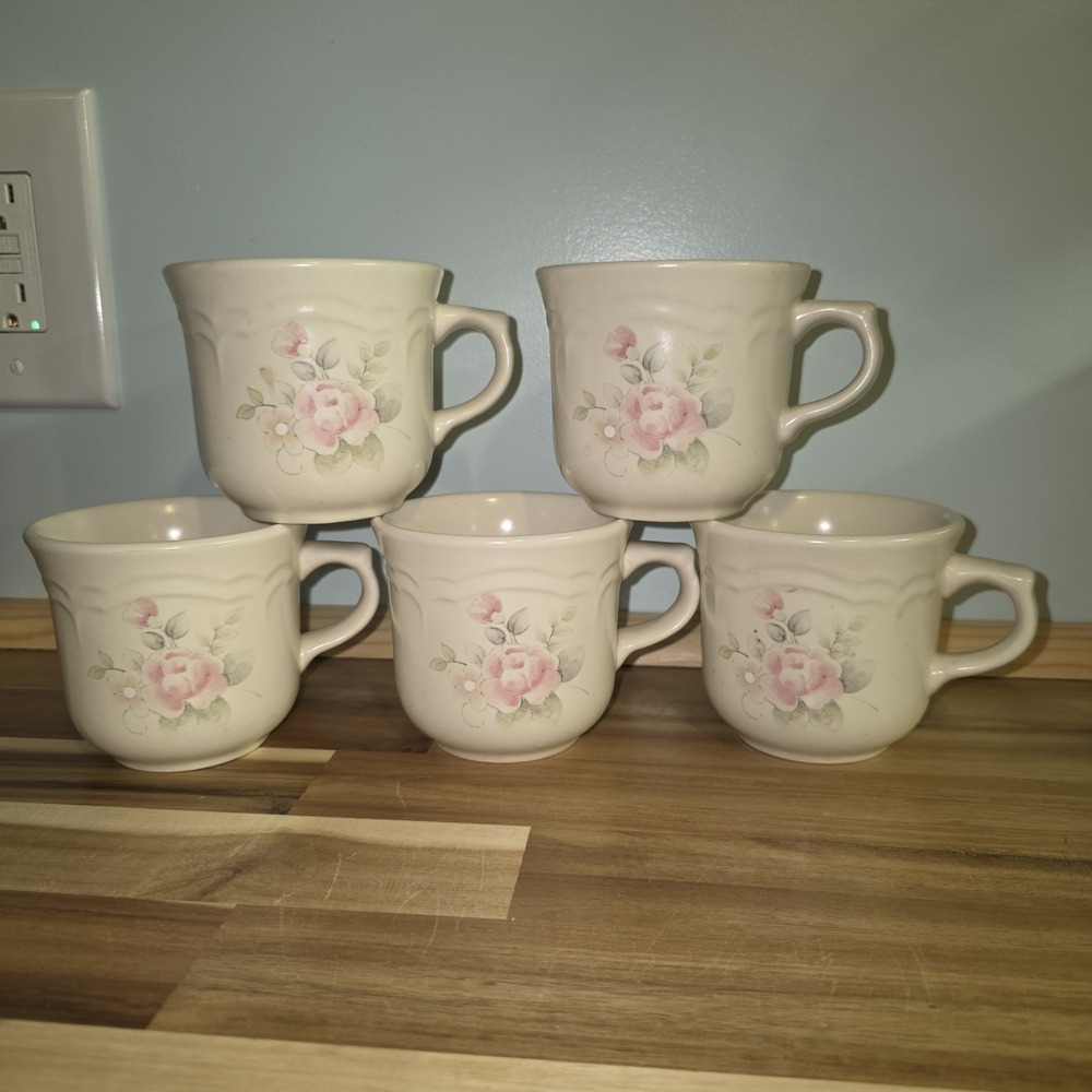 Pfaltzgraff Tea Rose 5pc Replacement Mugs Stoneware Coffee Pink Floral USA Made